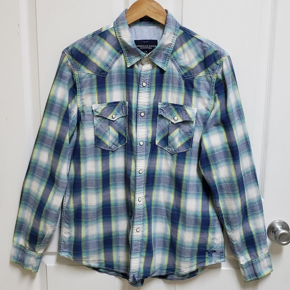 American Eagle Shirt Mens Large Blue Gray Plaid Pearl Snap Yoke Western Cowboy